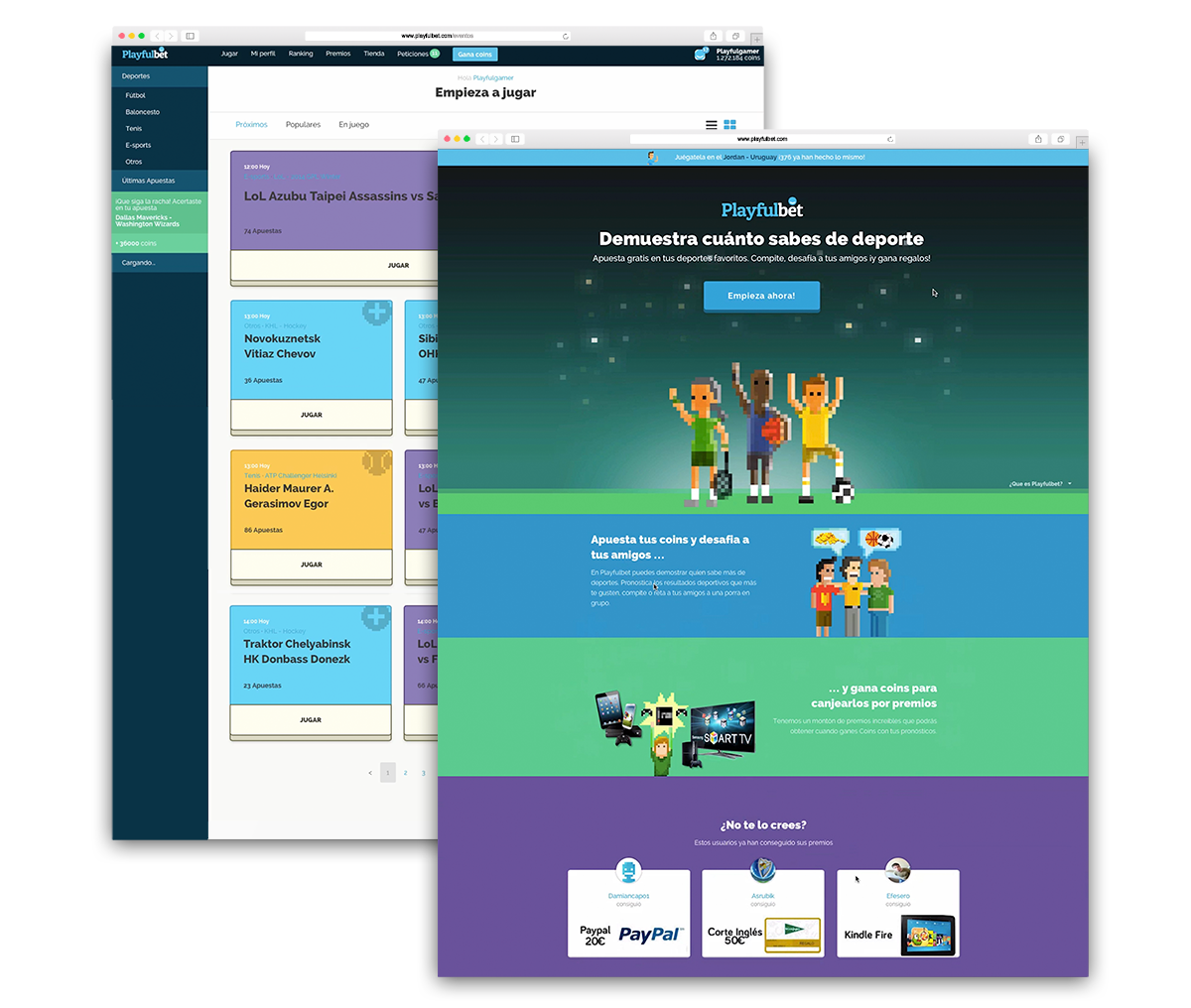 Two mocks of Playfulbet webpage. One is showing a landing page. The second is showing webpagwe UI.