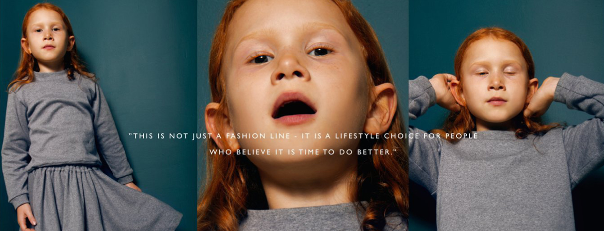This is not just a fashion line. It is a lifestyle choice for people who believe it is time to do better. Three photos of a redhear girl wearing Chrino's gray set.