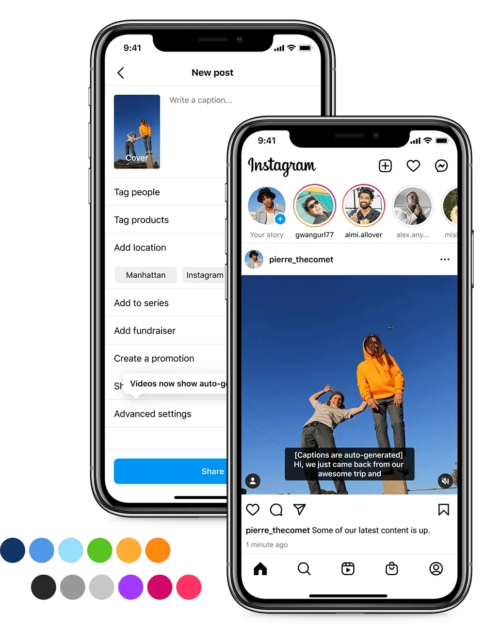 Two mocks of iphone screens. The first one is showing Instagram's Home view with a video post and captions on. The second one is showing New Post view with a Tooltip nect to Advanced Settings announcing that Videos now show auto-generated captions.