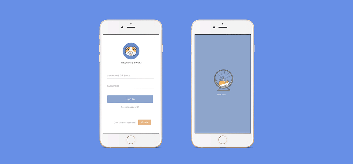 Two iPhone mocks. First shows log-in page. Second shows loading state.