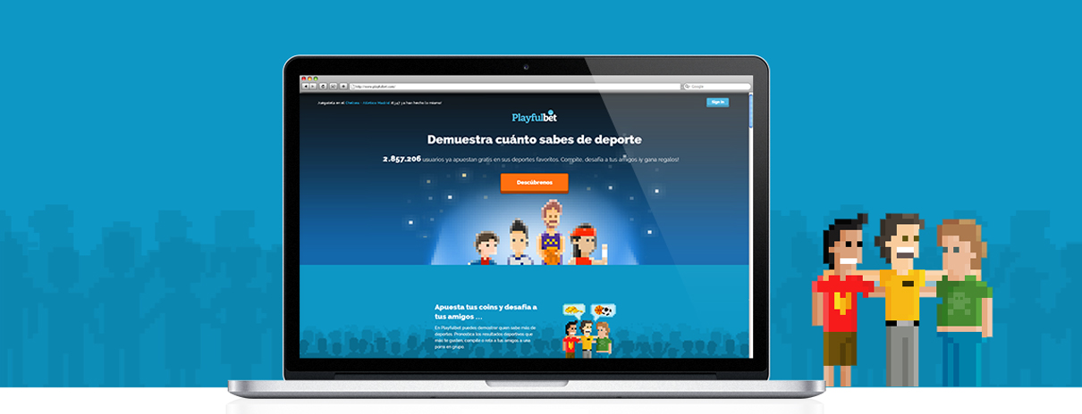 A mock of Macbook Pro. Open browser of a home page of Playfulbet, social sports betting game. Landing page has 8-bit style illustrations.