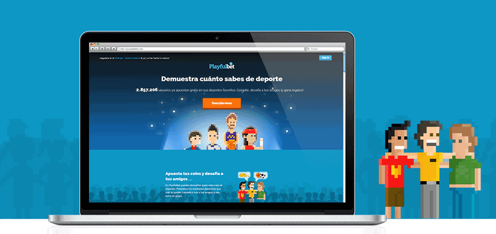A mock of Macbook Pro. Open browser of a home page of Playfulbet, social sports betting game. Landing page has 8-bit style illustrations.