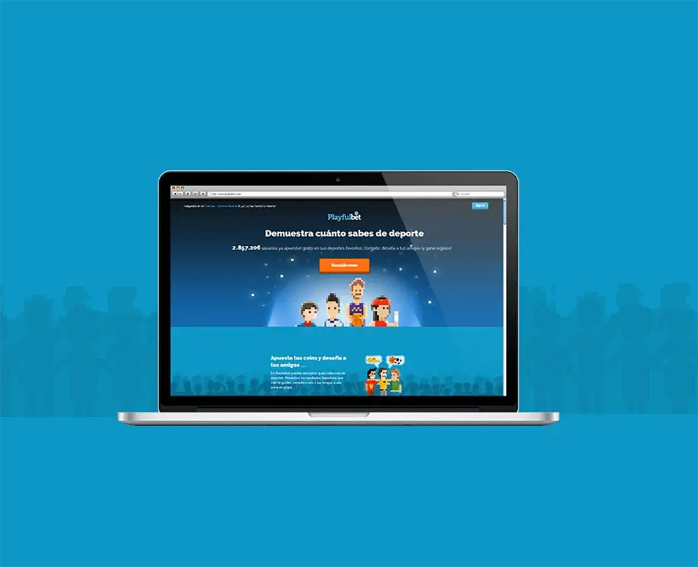 A mock of Macbook Pro. Open browser of a home page of Playfulbet, social sports betting game.